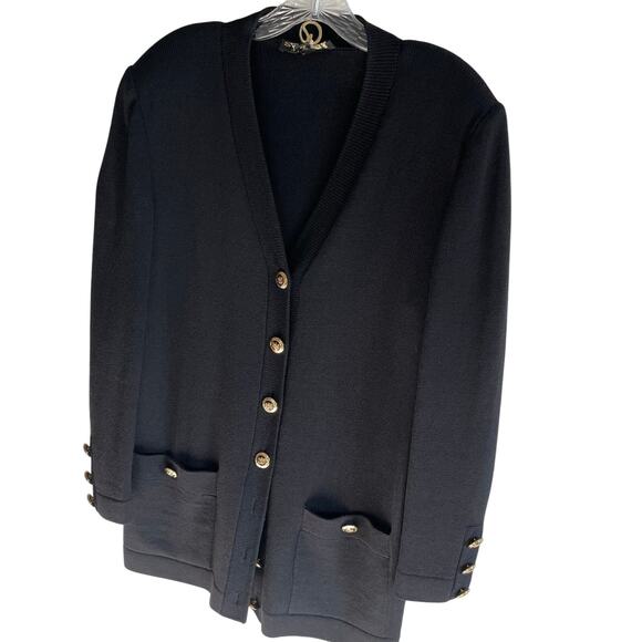 St. John Women’s Black Santana Knit Long V-Neck Button Front Cardigan - Picture 2 of 8